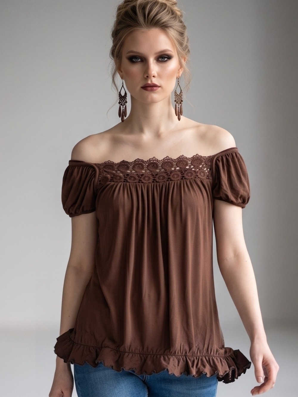 Vintage Arden B Brown Off-the-Shoulder Lace-Trim Tunic Top